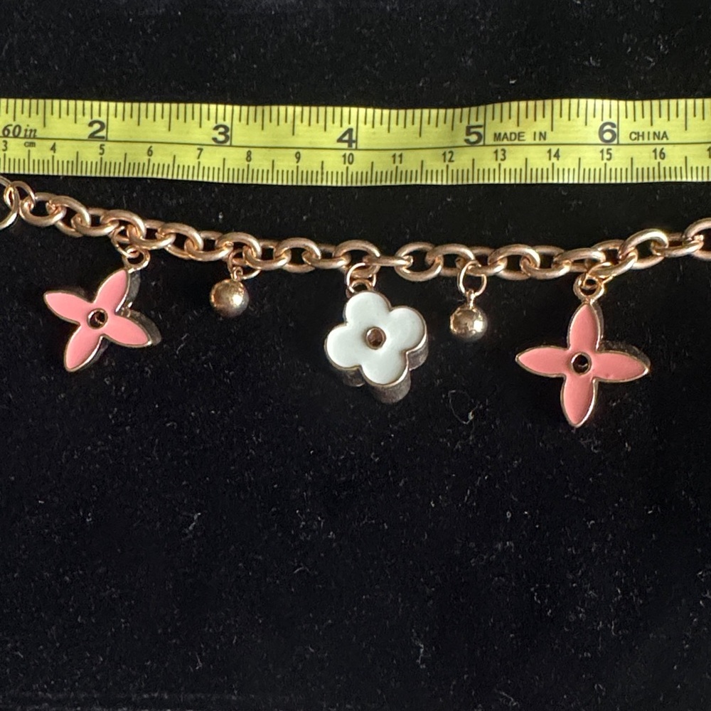 Gold Chain Charm Brooch with Pink and White Flower Charms - Picture 2 of 4